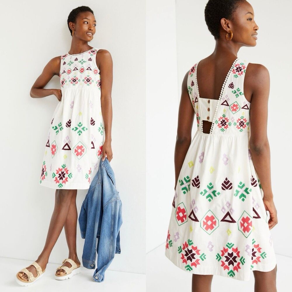 Anthropologie Embroidered Geometric Mini Dress White Cotton Boho Pockets Sz XL